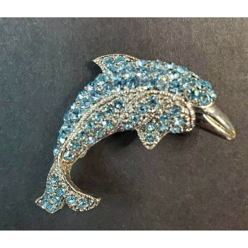 Silver Tone Metal & Blue Rhinestones Dolphin Porpoise Brooch Pin